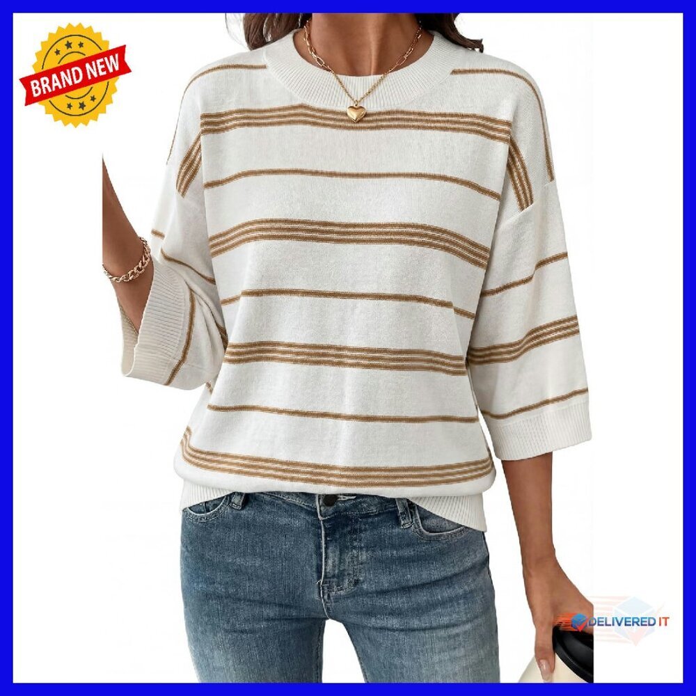Oversized 3/4 Sleeve Striped Crewneck Lightweight Knit Pullover Sweater